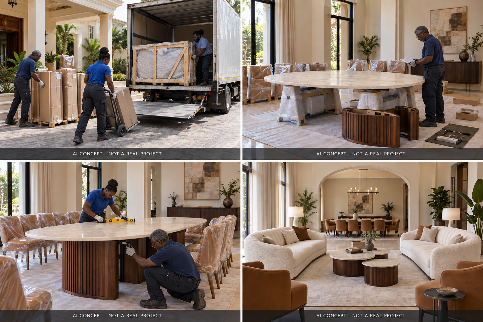 Four-panel fictional abuja reception & dining rooms illustration showing unloading, checks, assembly and a finished room concept.
