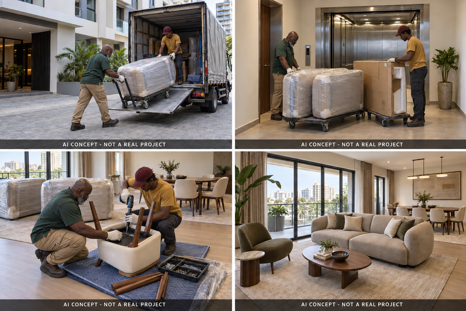 Four-panel fictional accra three-bedroom apartment illustration showing unloading, checks, assembly and a finished room concept.