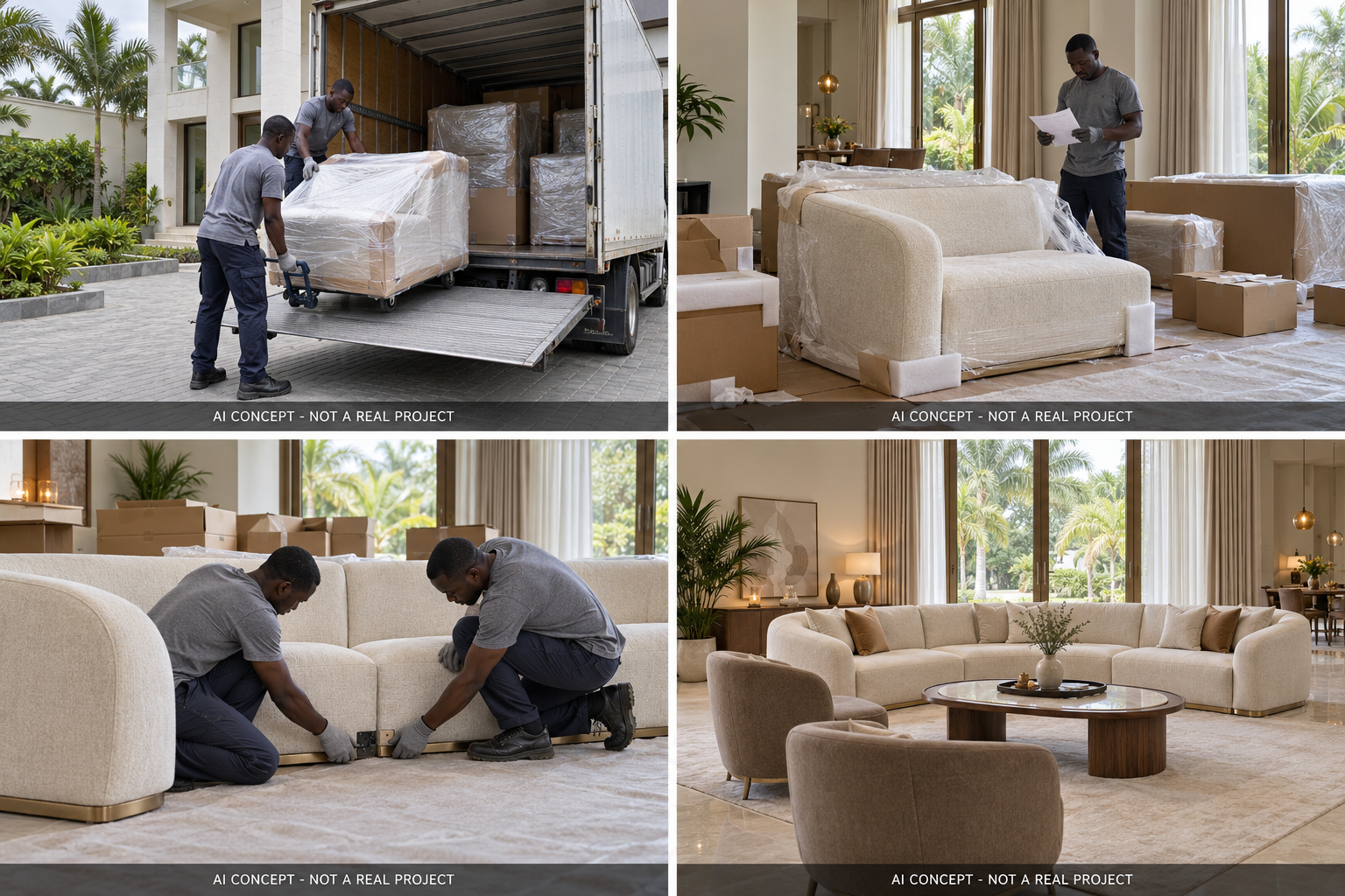 Four-panel fictional lagos four-bedroom villa illustration showing unloading, checks, assembly and a finished room concept.