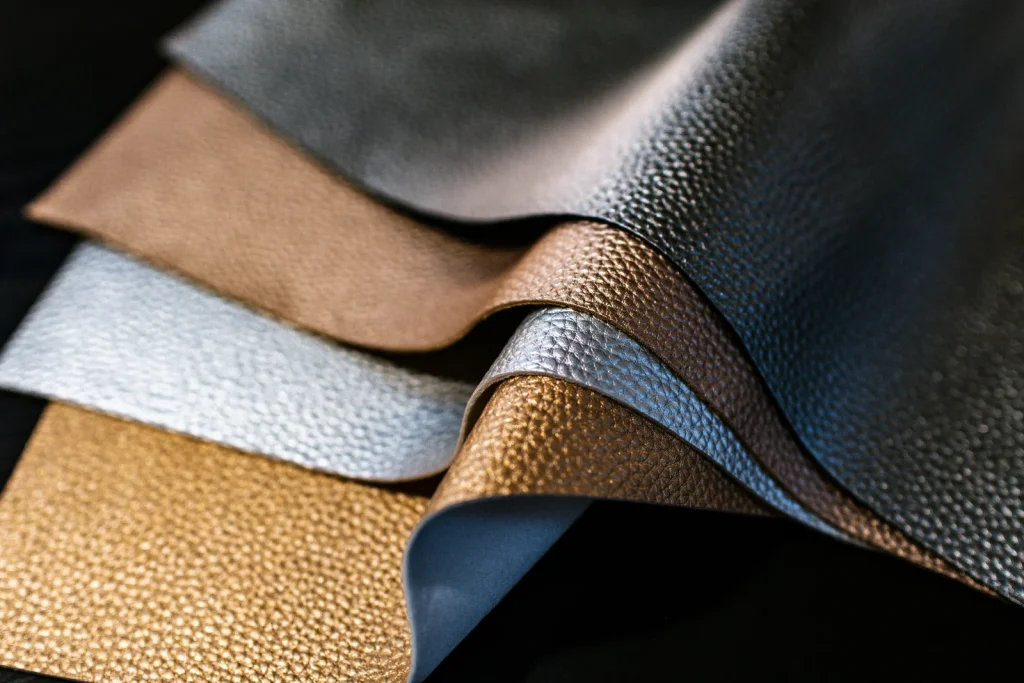 Folded textured material samples in charcoal, tan, silver and gold tones.