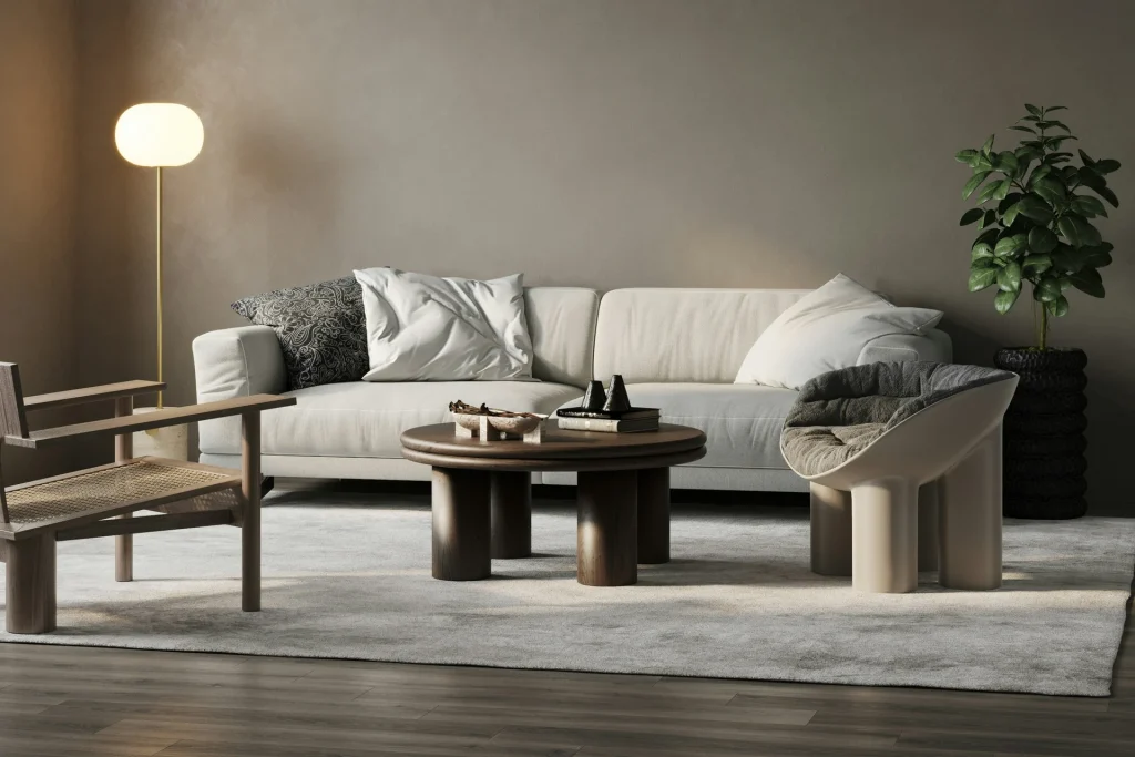 A softly curved sofa and round coffee tables in a neutral room.